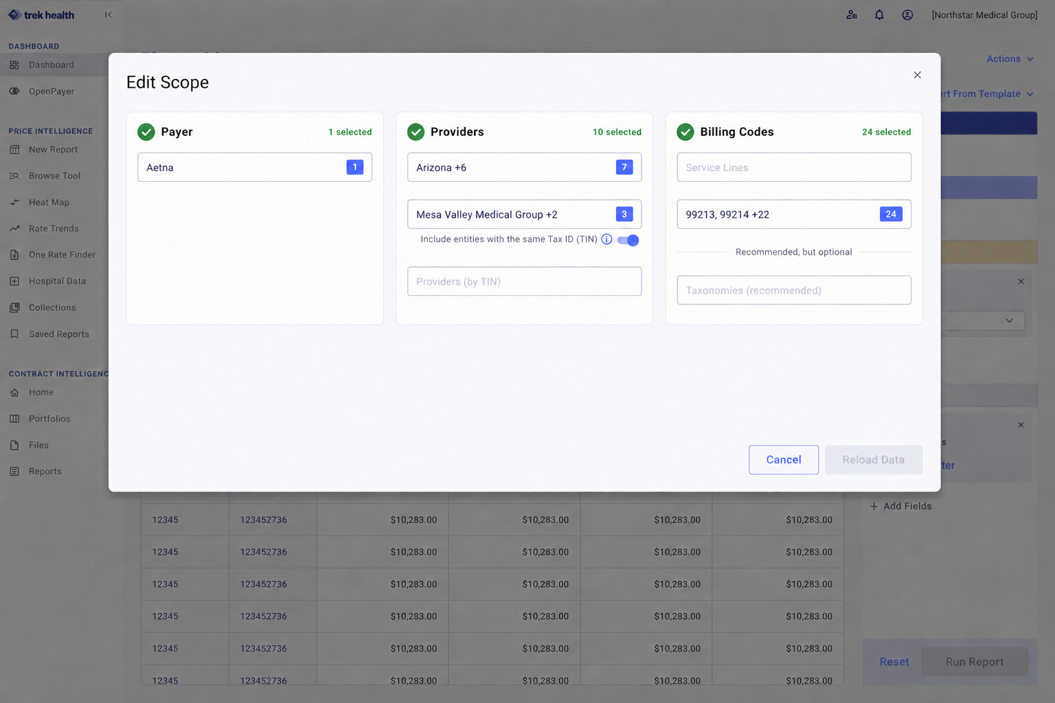Edit Scope showing the selected payer, states, providers, and billing codes.