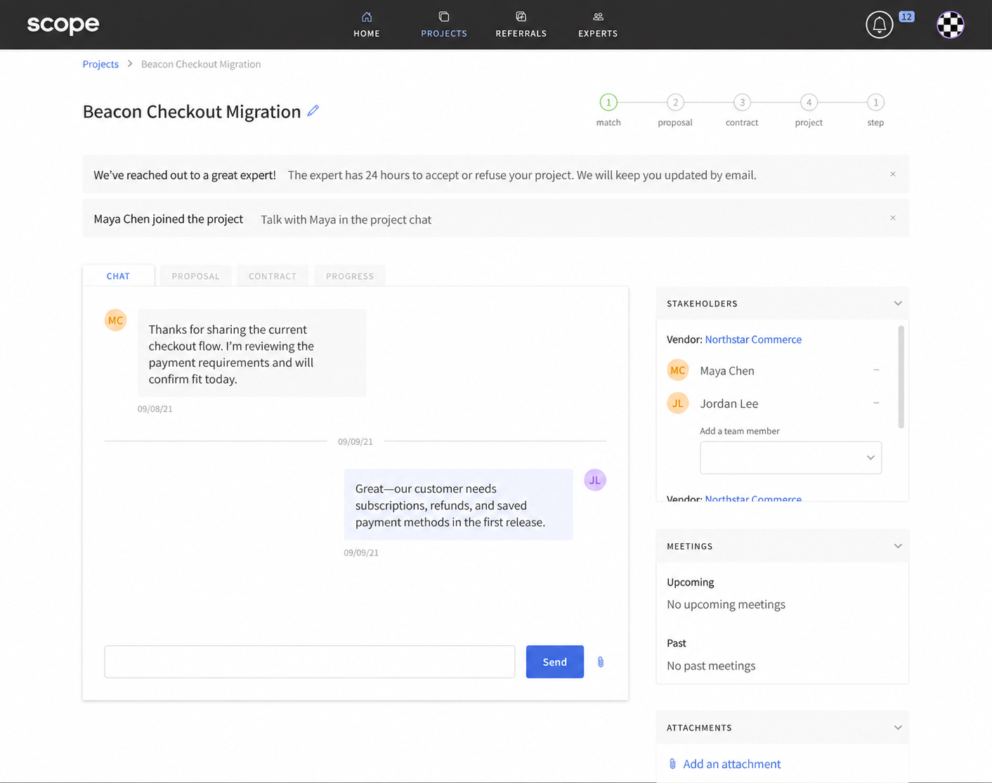 Newest Scope project workspace showing automatic expert matching and role-aware coordination.
